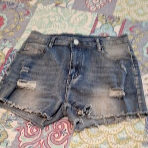 Blue Distressed Jean Shorts with Frayed Hem. Size MEDIUM